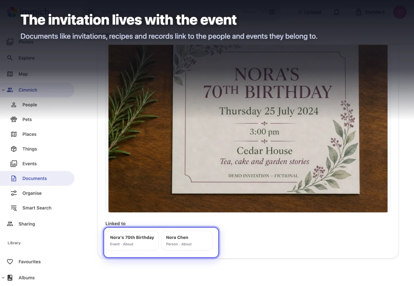 Nora's birthday invitation linked to Nora Chen and Nora's 70th Birthday event.