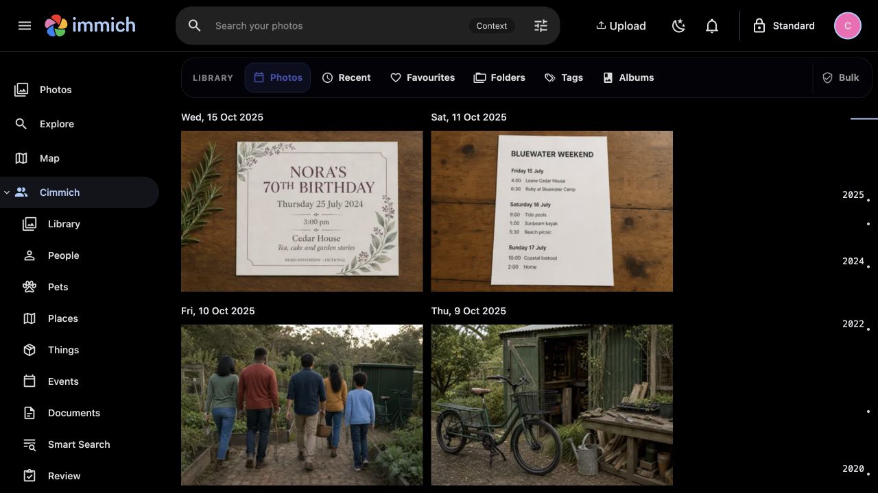 The Cimmich Library with Photos, Recent, Favourites, Folders, Tags, Albums and Bulk views.