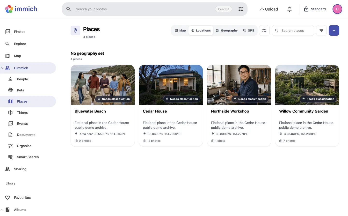 The Cimmich Places directory with named locations and photo counts.