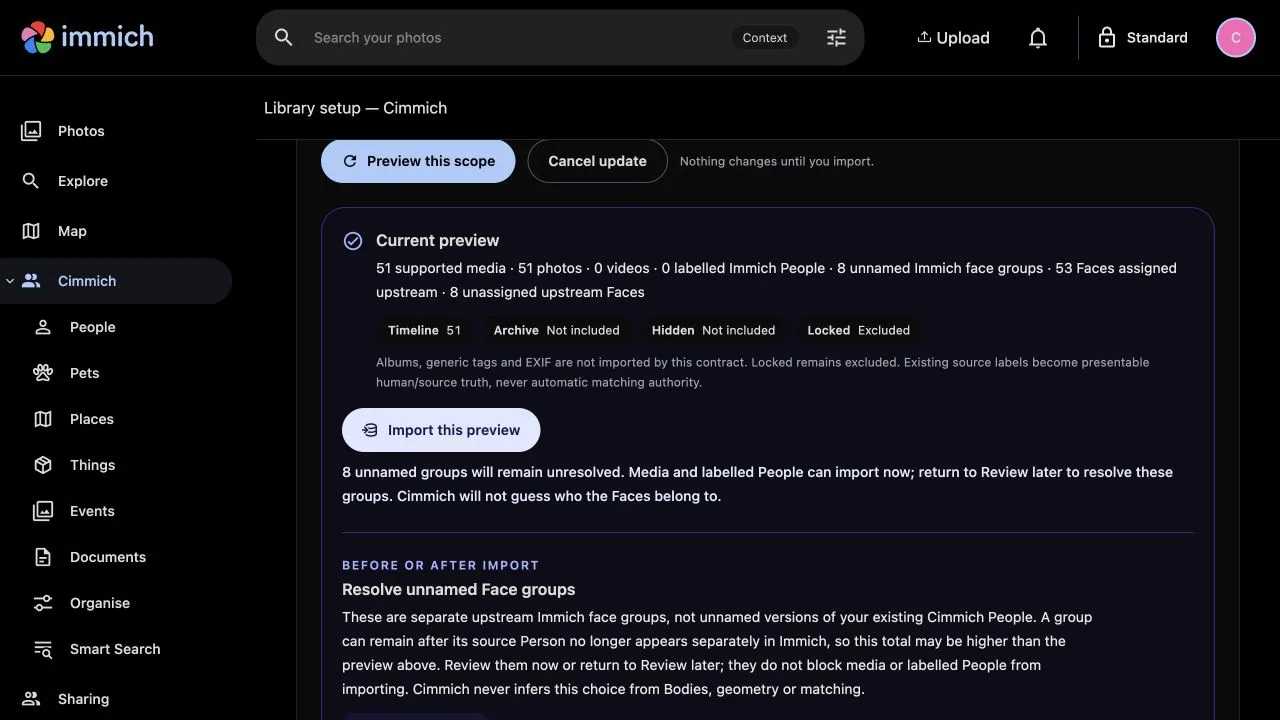 Cimmich showing the account, permissions, library areas and counts before import.